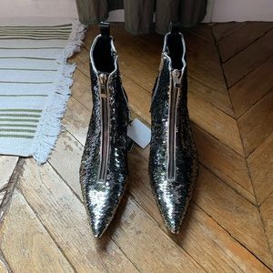 Zara Sliver Sequins Pointy Kitty Heel Boots Sz 41